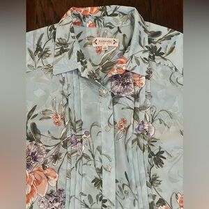 Nanette Lepore Womens Shirt M Blue Floral Sheer Collared Button Up Blouse